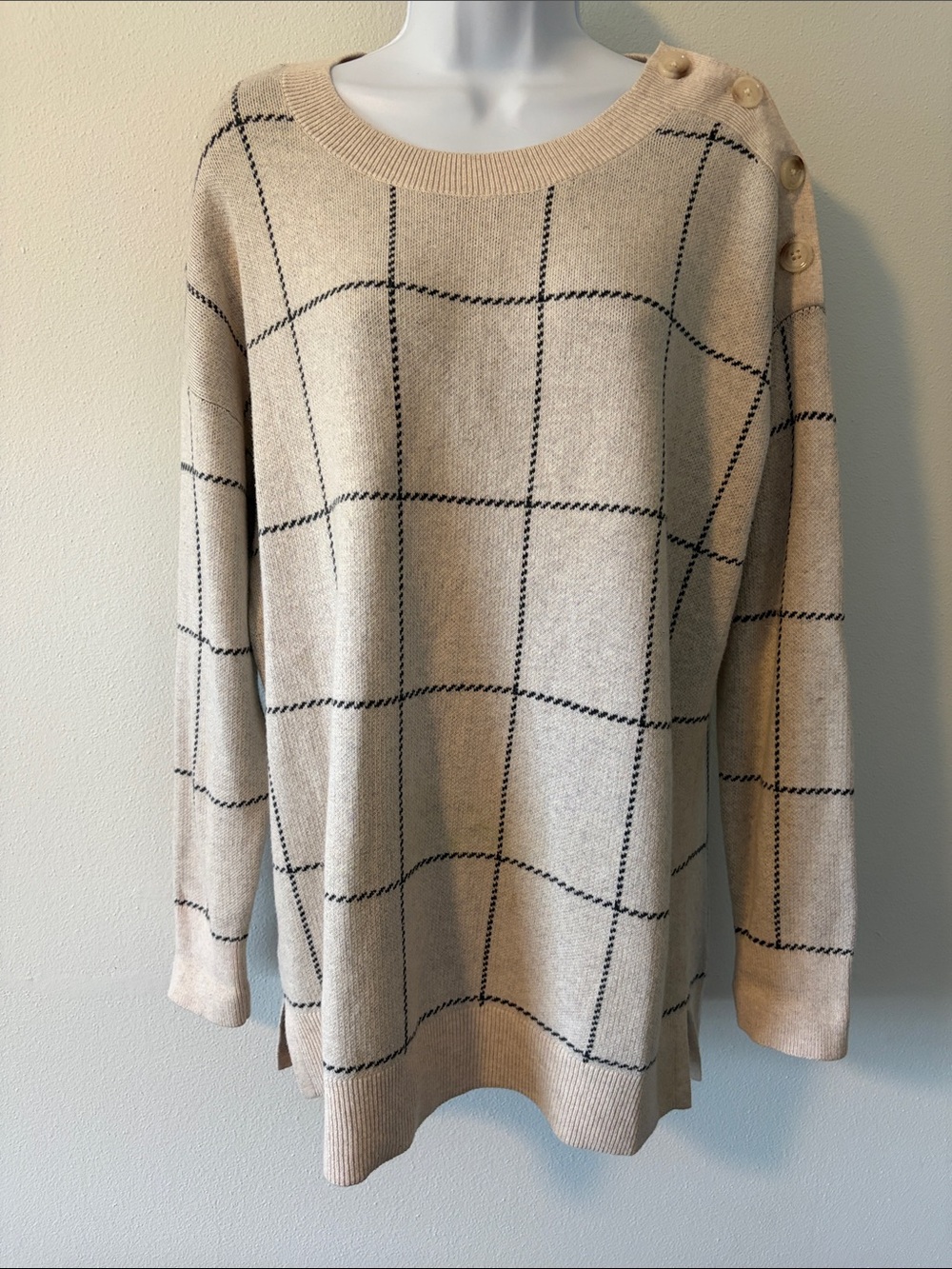 LOFT Beige Windowpane Crewneck Sweater with Shoulder Buttons